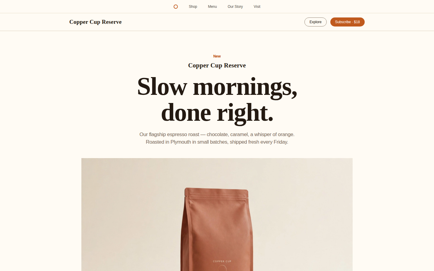 Copper Cup landing page preview with warm editorial typography and illustrated coffee cup