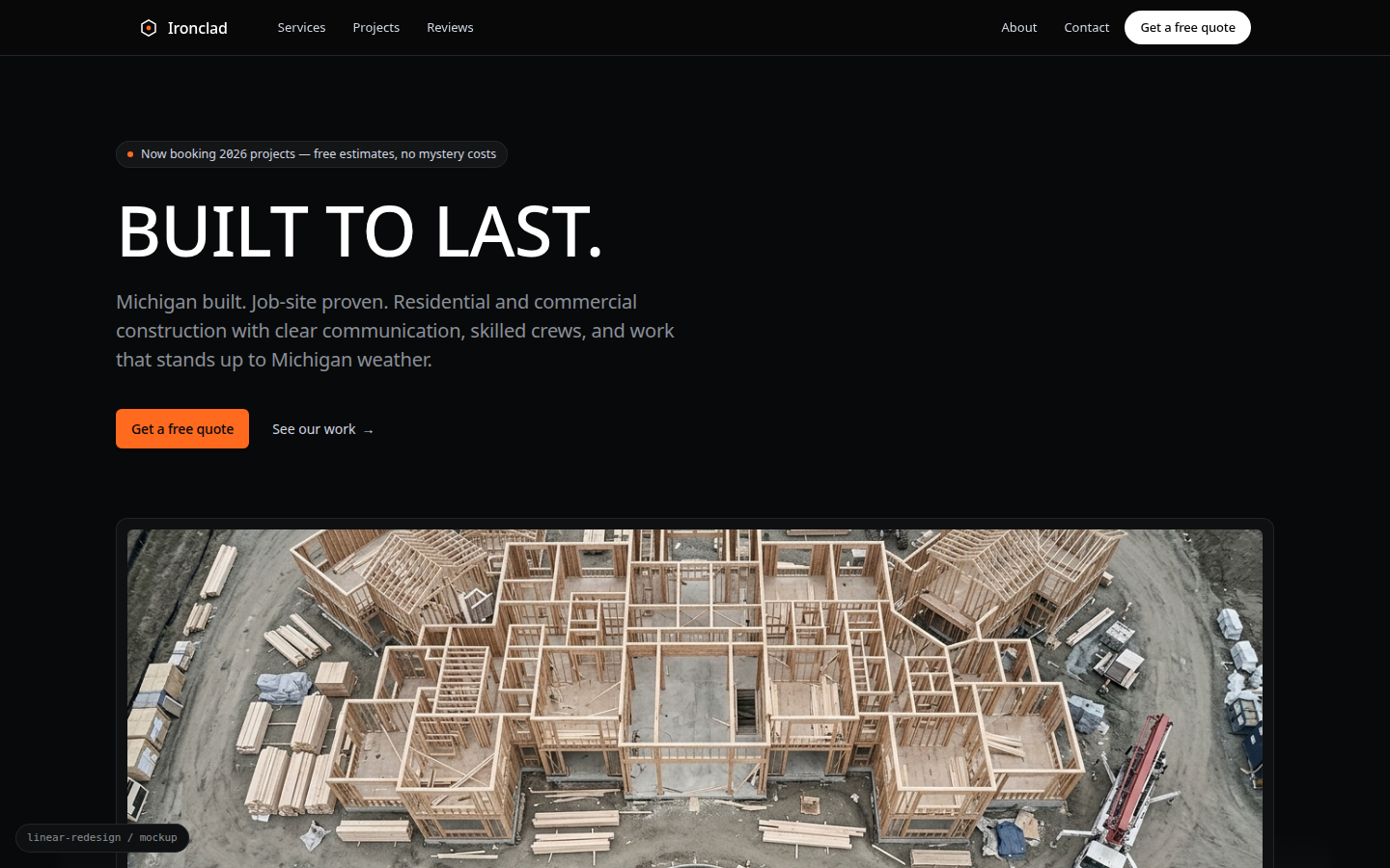Ironclad Construction landing page preview in dark charcoal with bold safety-orange type