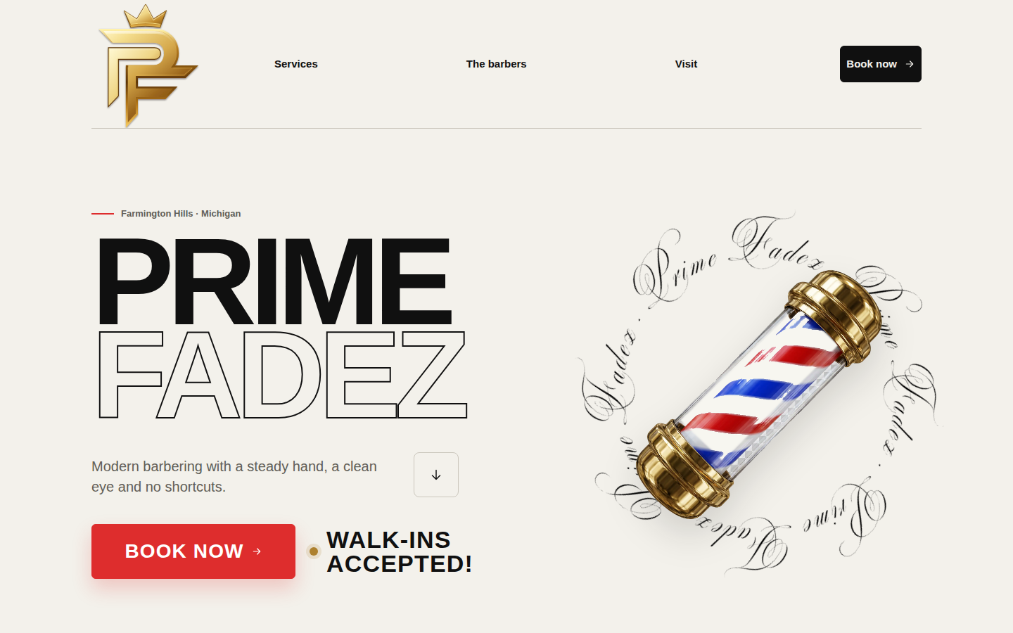Prime Fadez landing page preview with cream background, bold black typography, and barber pole artwork
