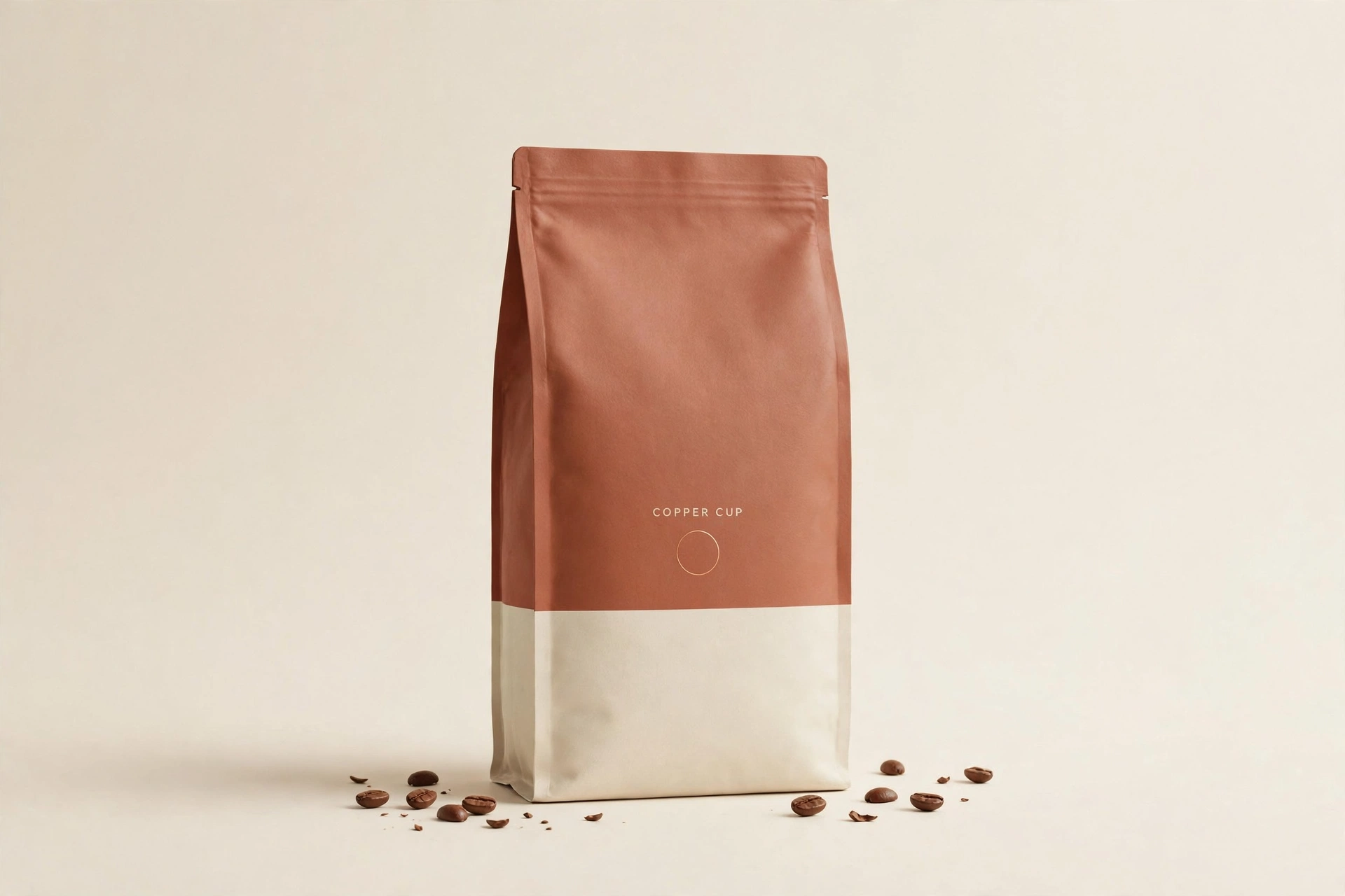 Bag of Copper Cup Reserve coffee on a warm ivory background